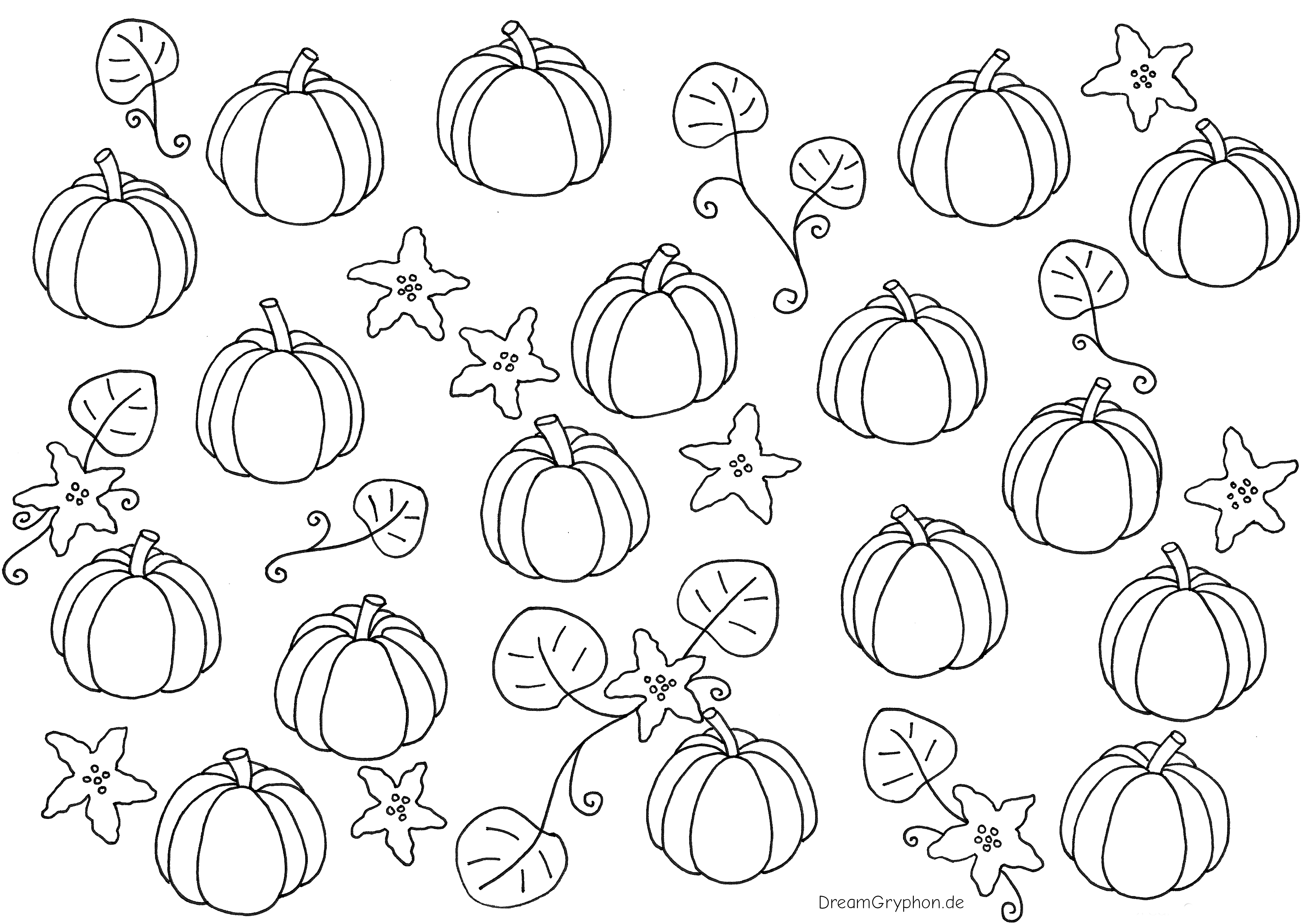 Coloring Page: Pumpkins surrounded by leaves and blossoms.